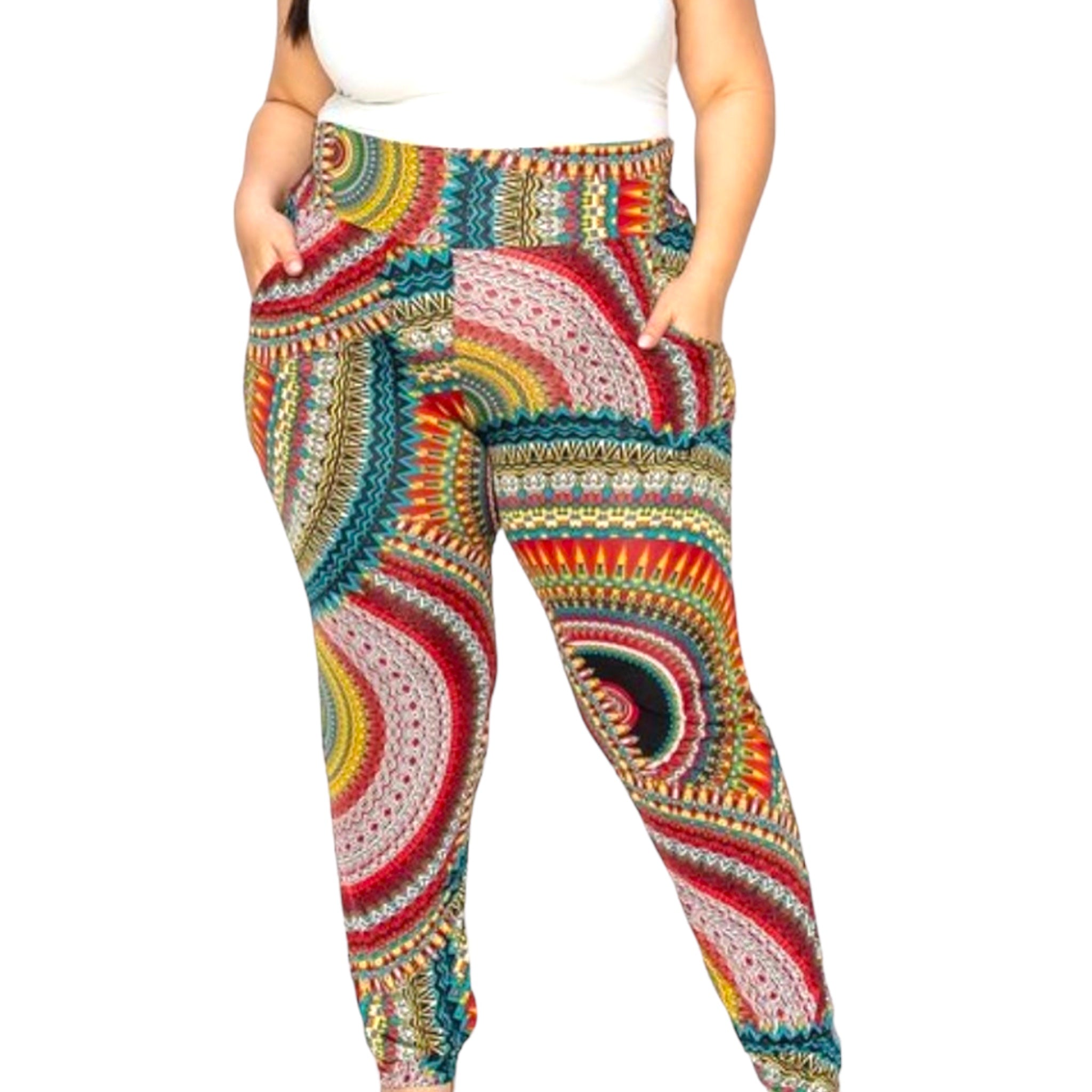 Plus Size Multi Print Pants With Pockets